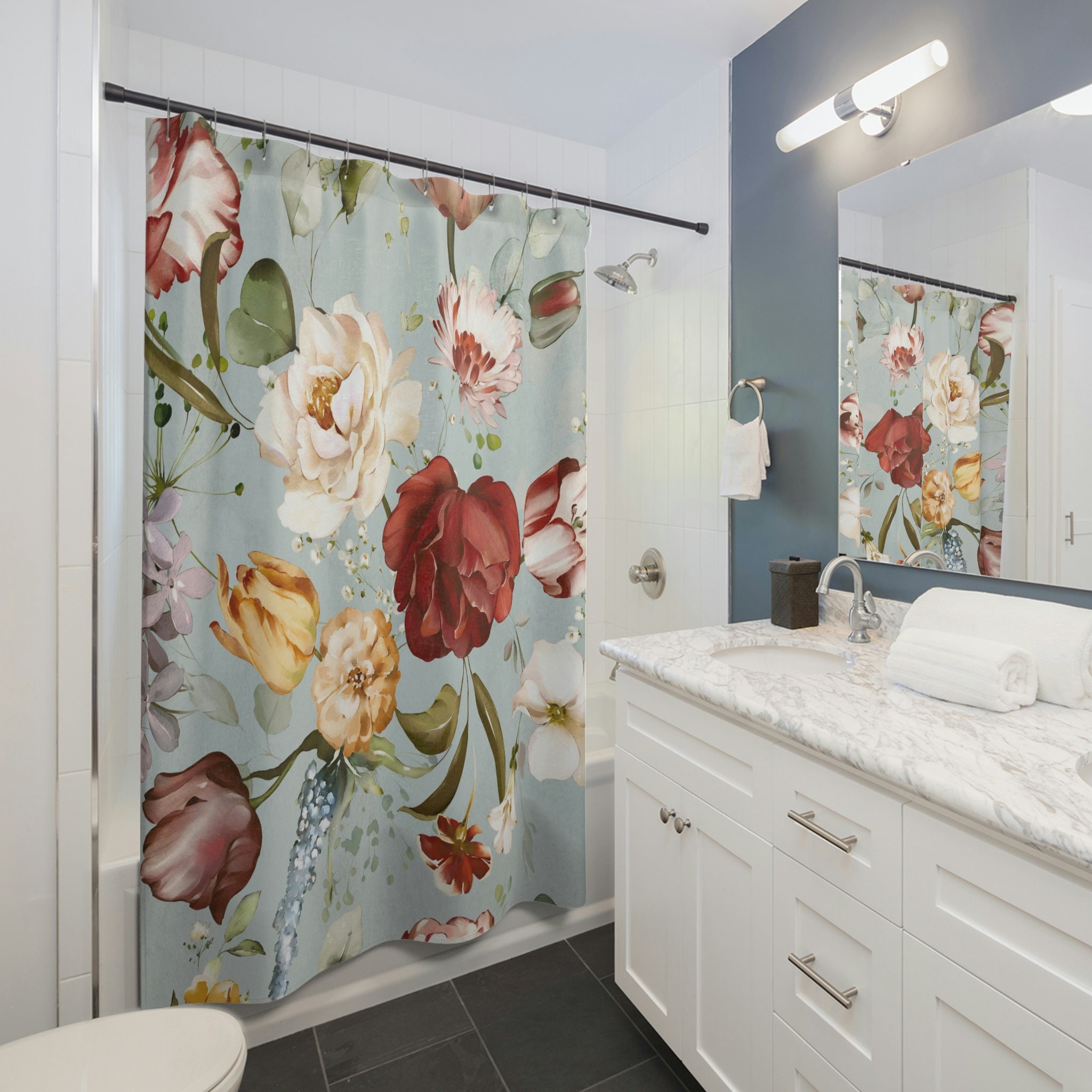 Red And Yellow Rose Shower Curtain, Romantic And Rustic Bathroom Decor, Waterproof Fabric Curtain