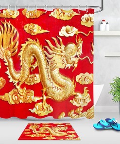 Red Background Emboss Golden Dragon Bathroom Fabric Shower Curtain with Asian Theme