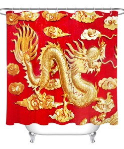 Red Background Emboss Golden Dragon Bathroom Fabric Shower Curtain with Asian Theme