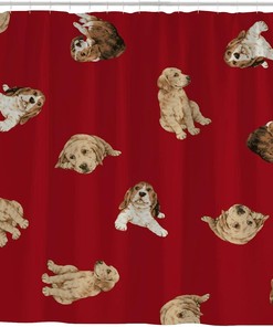 Red Background Pretty Dogs Print Shower Curtain for a Playful Bathroom