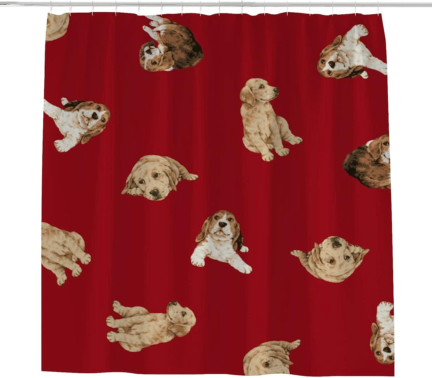 Red Background Pretty Dogs Print Shower Curtain for a Playful Bathroom