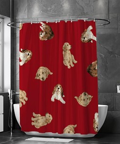 Red Background Pretty Dogs Print Shower Curtain for a Playful Bathroom