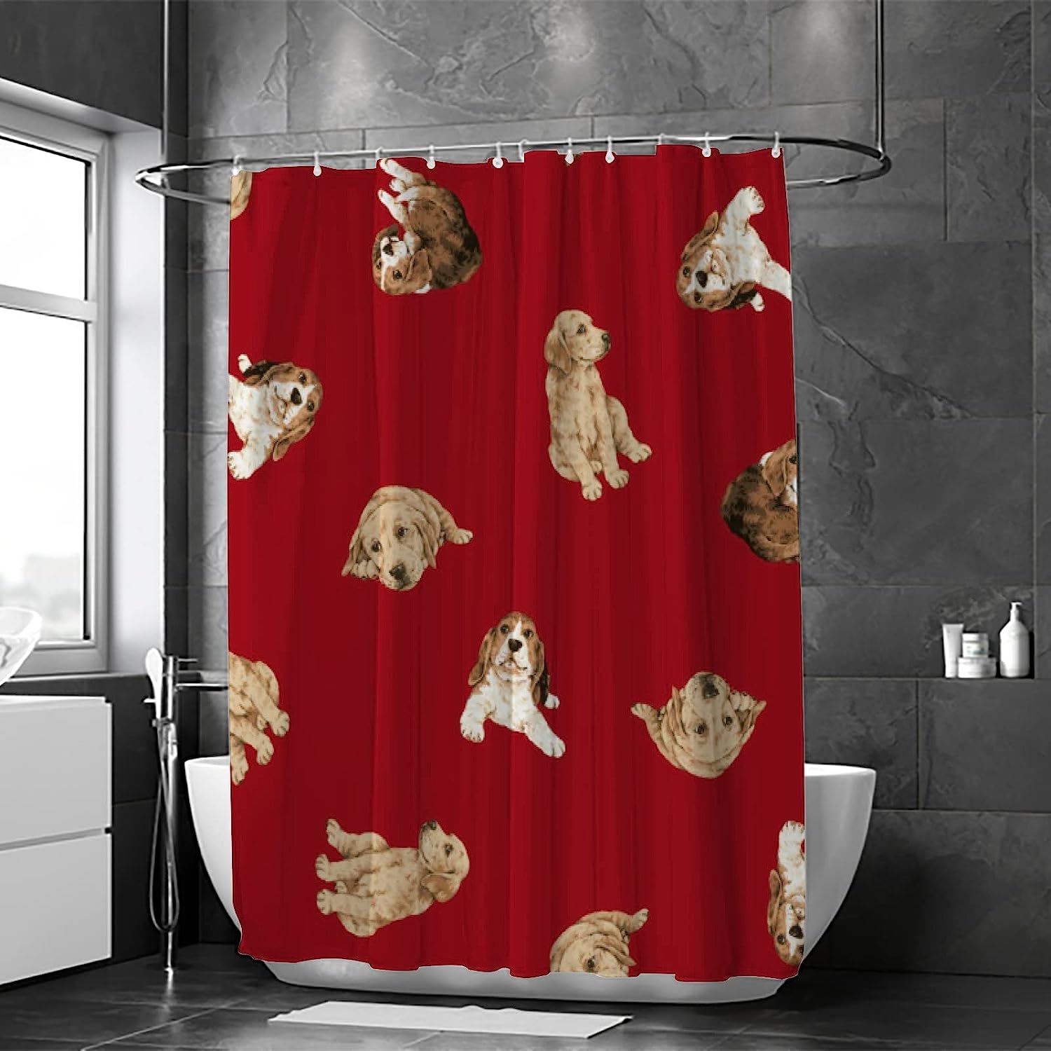 Red Background Pretty Dogs Print Shower Curtain for a Playful Bathroom