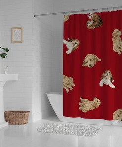 Red Background Pretty Dogs Print Shower Curtain for a Playful Bathroom