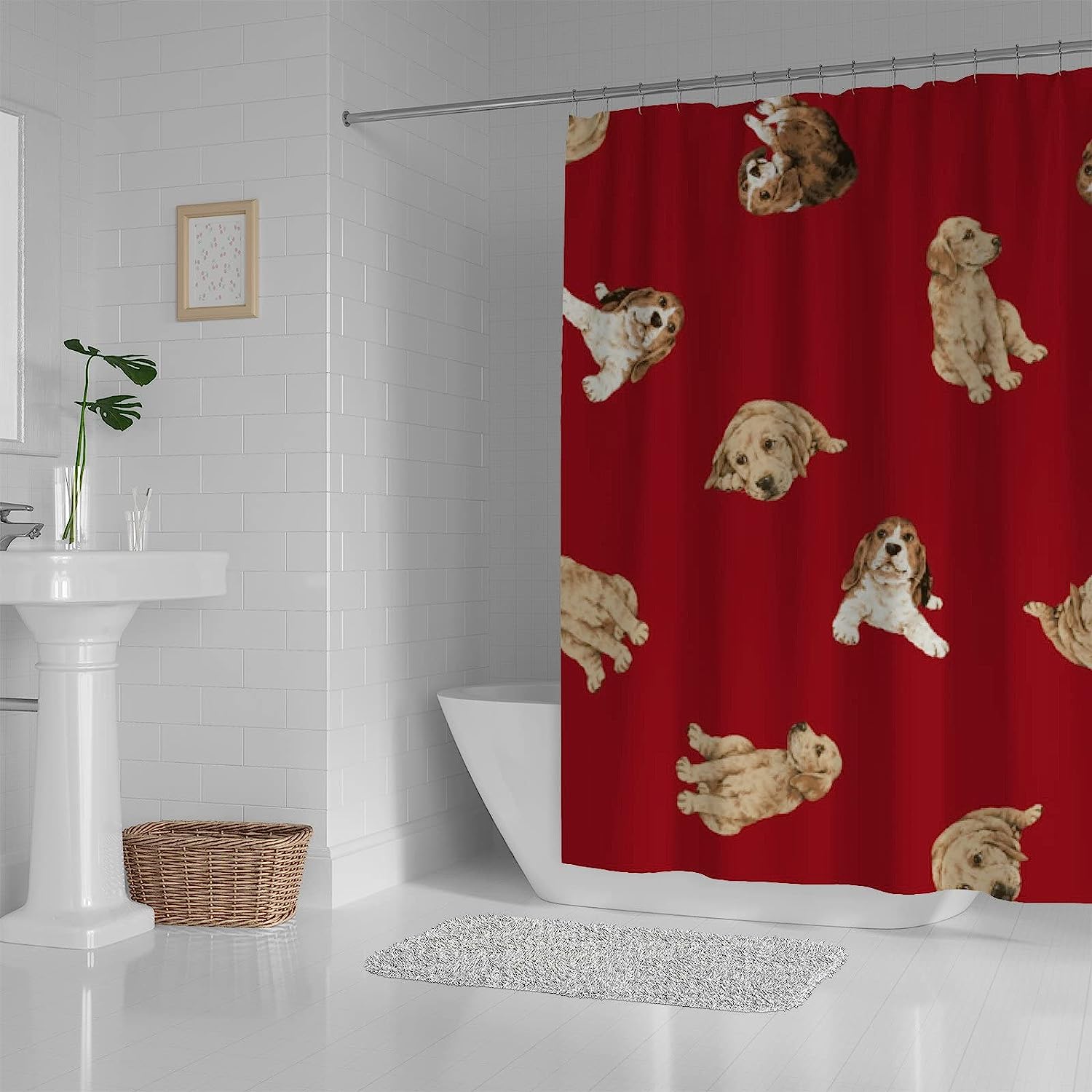 Red Background Pretty Dogs Print Shower Curtain for a Playful Bathroom