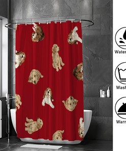 Red Background Pretty Dogs Print Shower Curtain for a Playful Bathroom