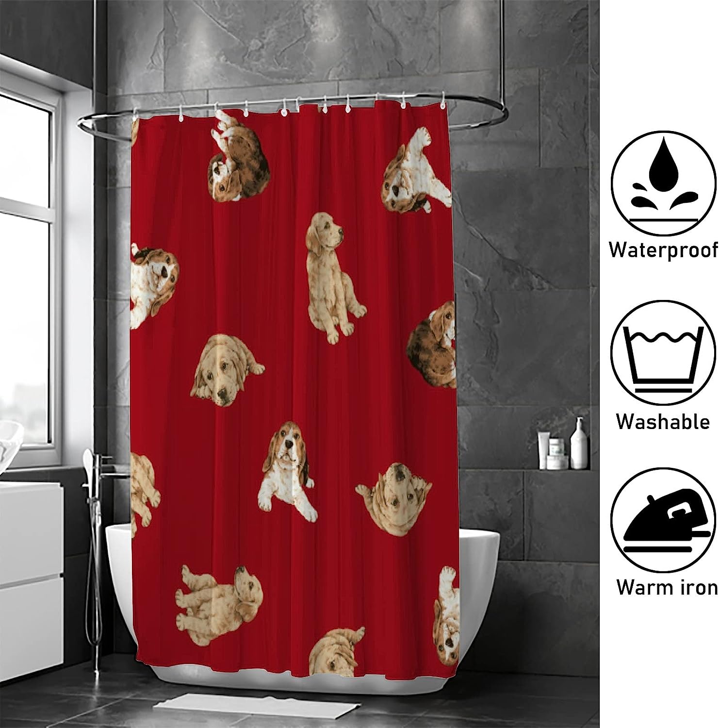 Red Background Pretty Dogs Print Shower Curtain for a Playful Bathroom