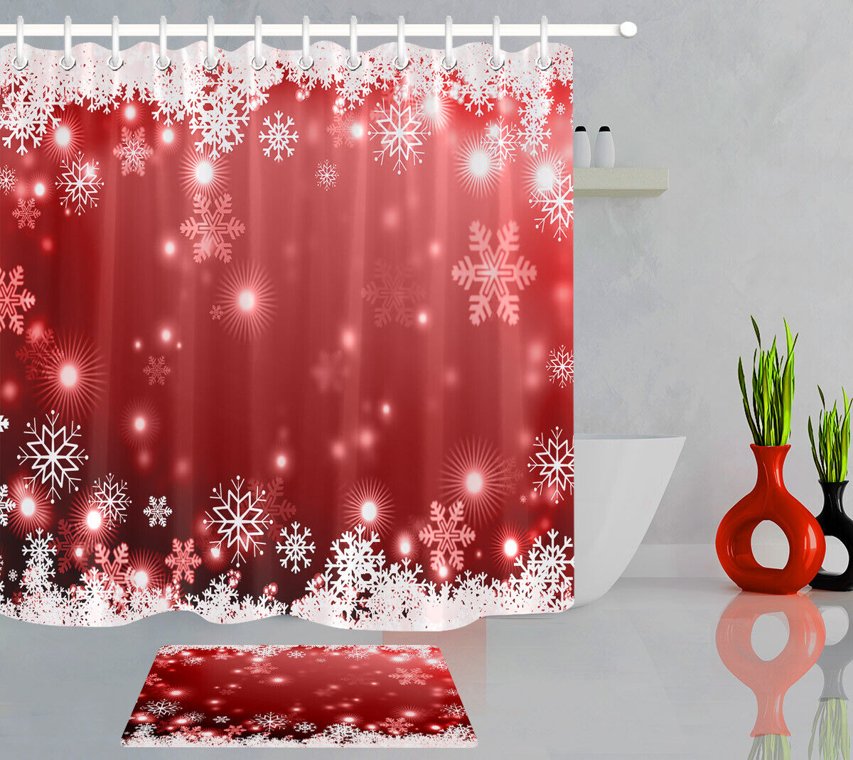Red Background Snowflakes Theme And Season'S Greetings Print Shower Curtain For Bathroom Decor