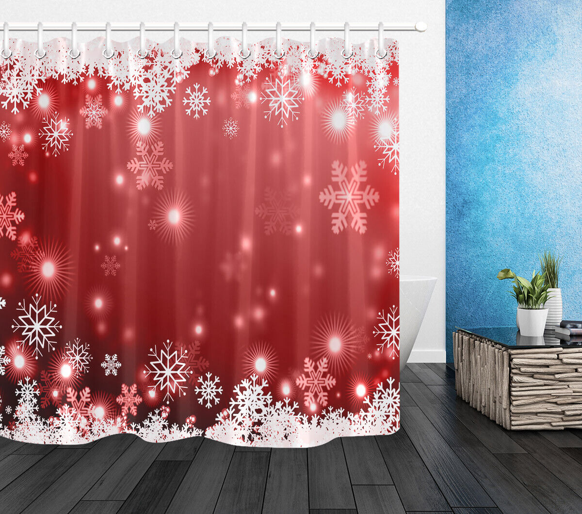 Red Background Snowflakes Theme And Season'S Greetings Print Shower Curtain For Bathroom Decor - Image 2