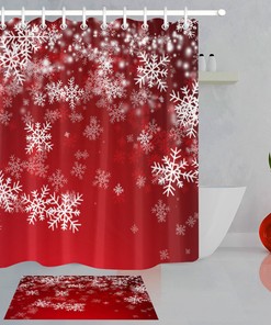 Red Background White Snowflakes Waterproof Fabric Christmas Shower Curtain 