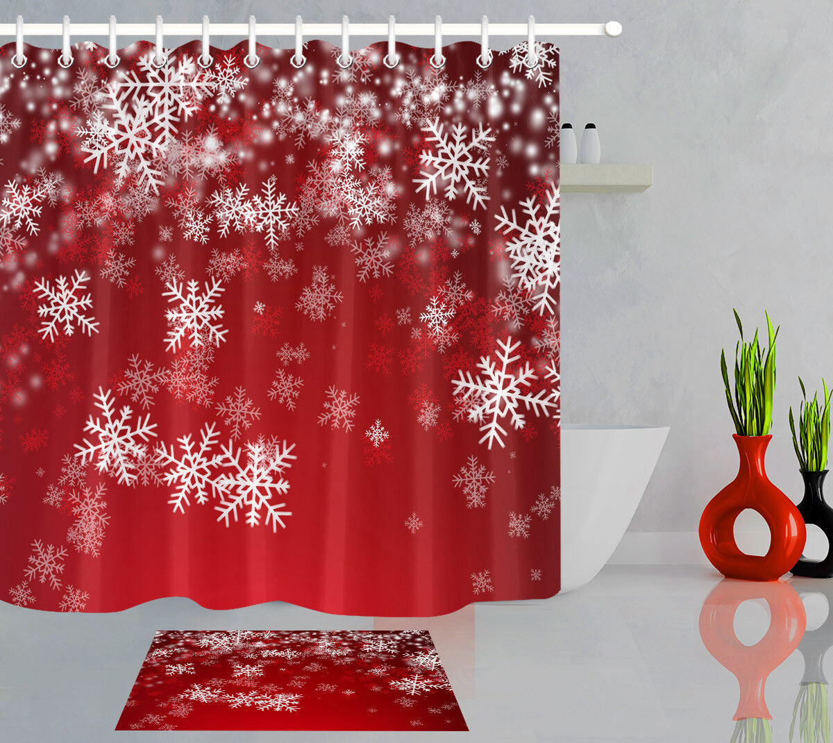 Red Background White Snowflakes Waterproof Fabric Christmas Shower Curtain