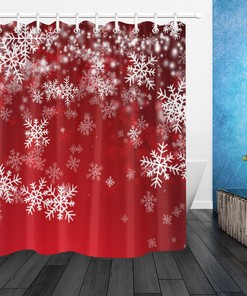 Red Background White Snowflakes Waterproof Fabric Christmas Shower Curtain