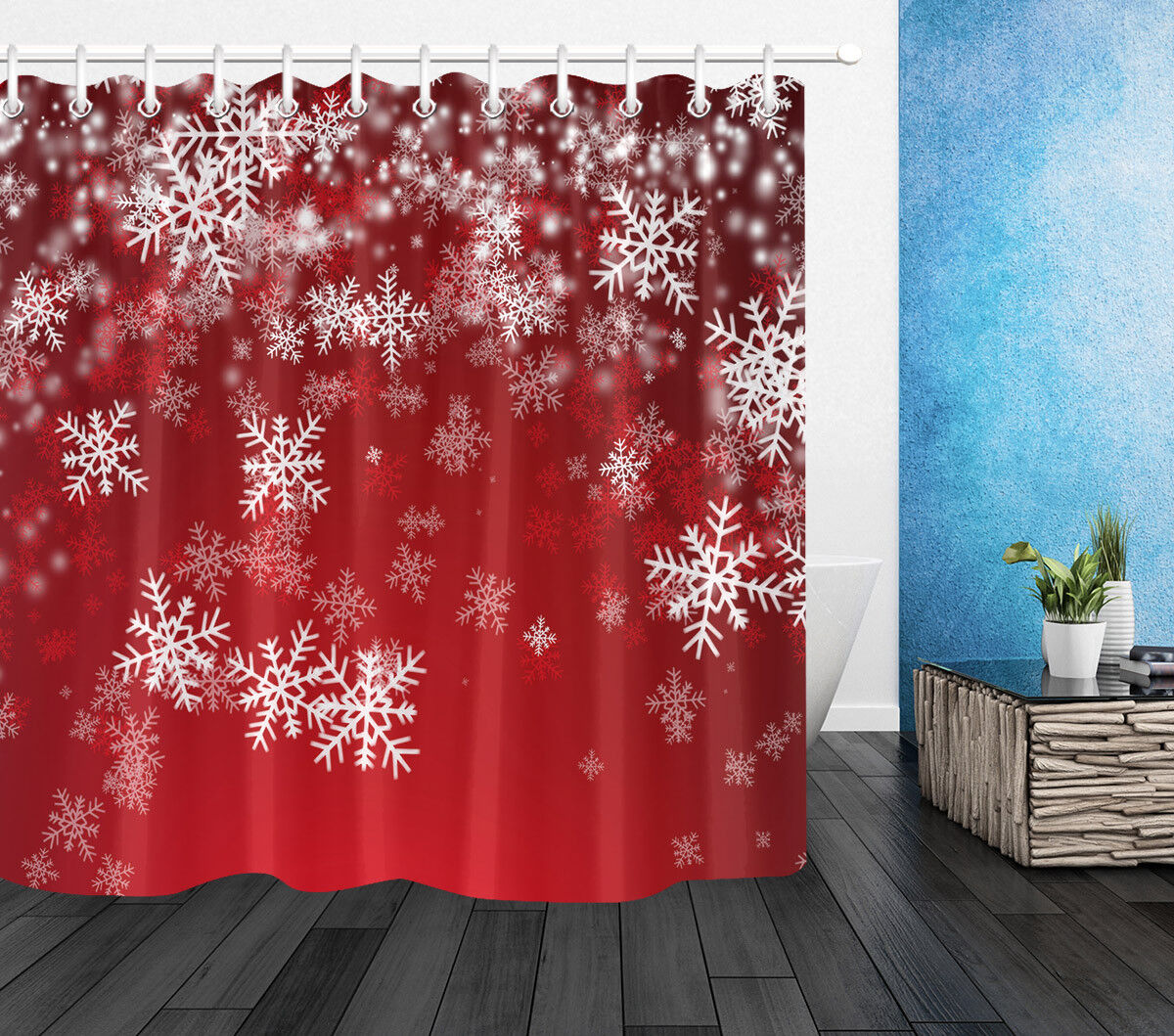 Red Background White Snowflakes Waterproof Fabric Christmas Shower Curtain