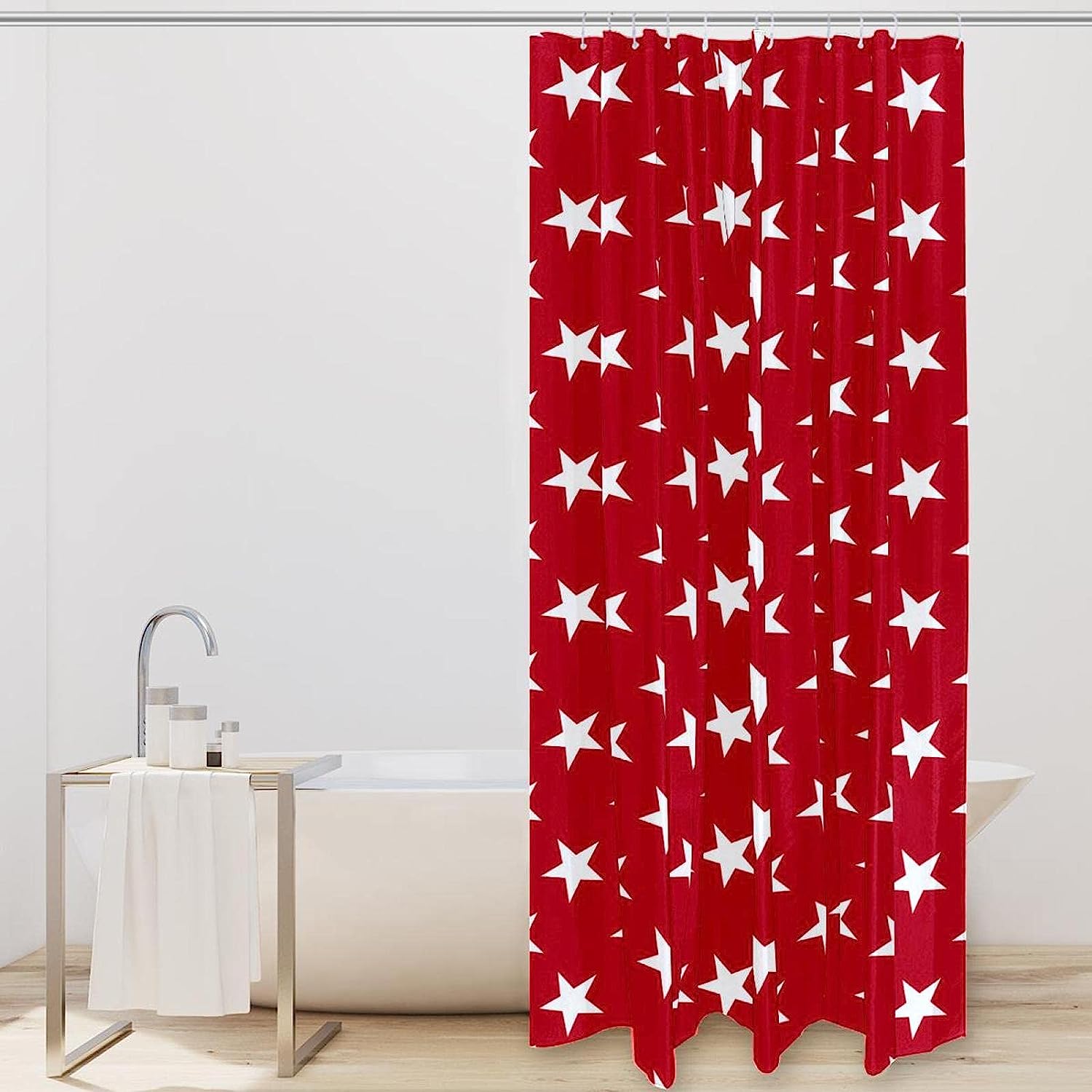 Red Background with White Stars Pattern Shower Curtain - Simple and Fun Bathroom Decor
