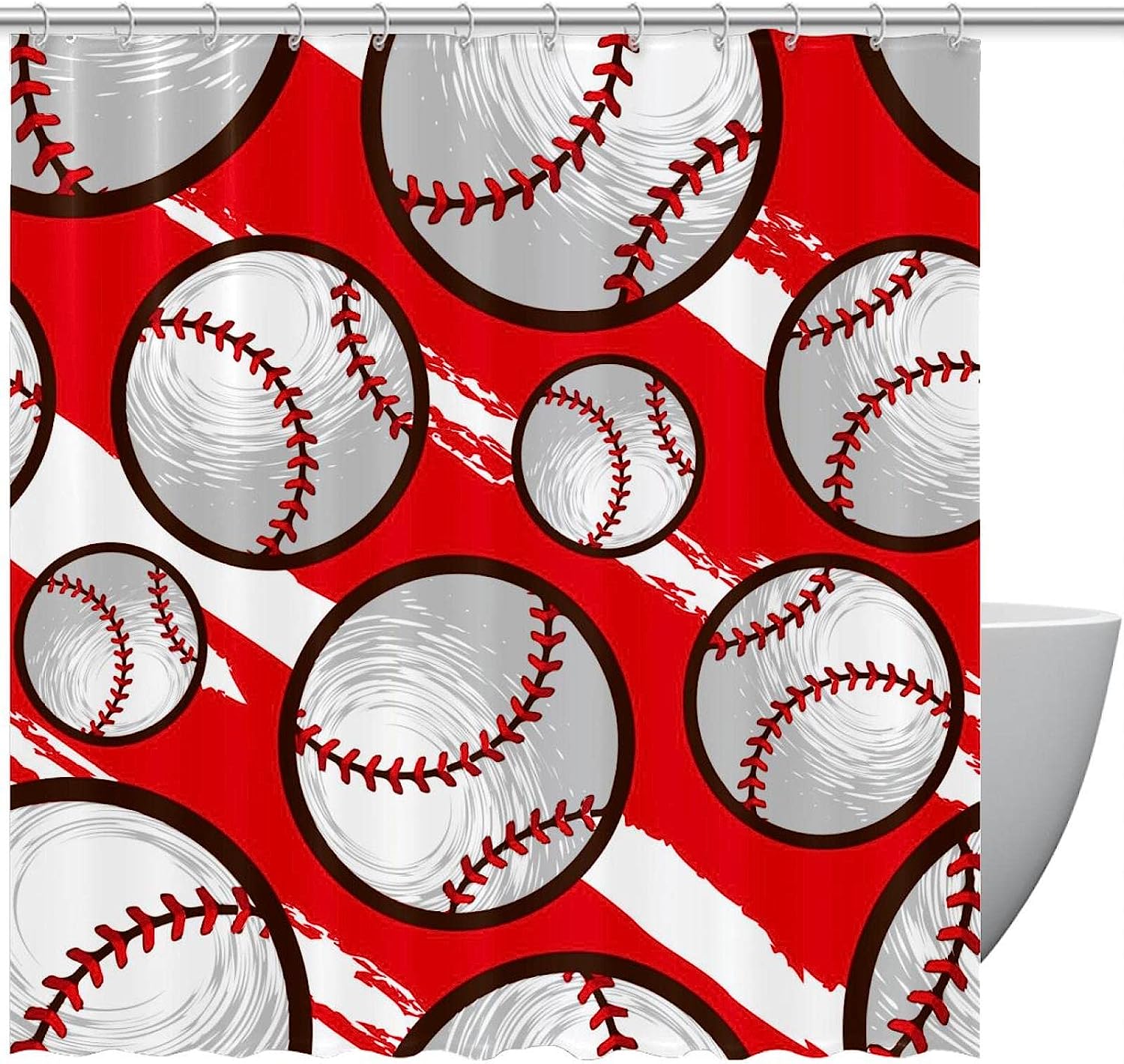 Red Baseball Sport Shower Curtain- Waterproof Washable Bath Curtain For Bathroom