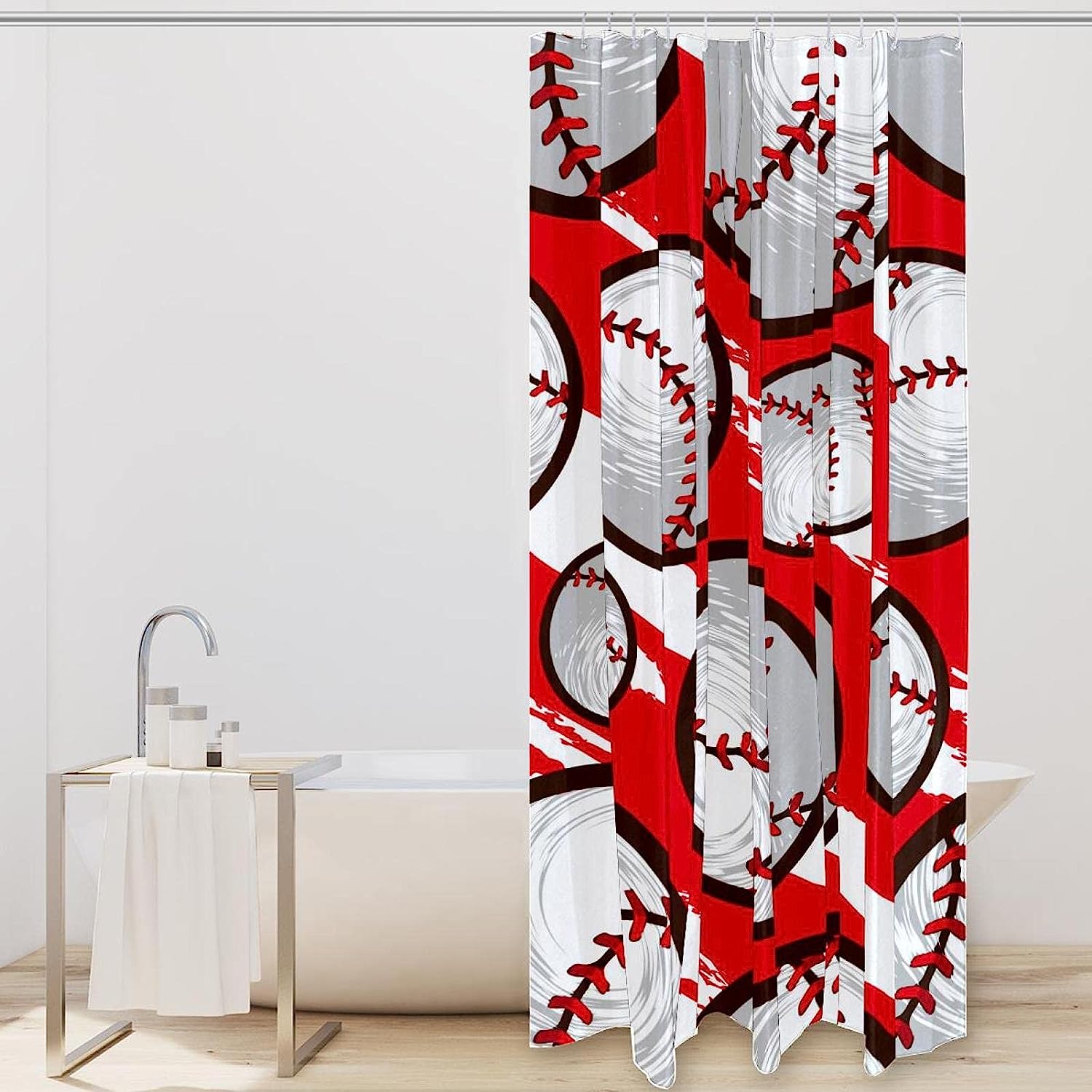 Red Baseball Sport Shower Curtain- Waterproof Washable Bath Curtain For Bathroom - Image 2