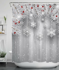 Red Berries Snowflake Shower Curtain - Christmas Bathroom Decor