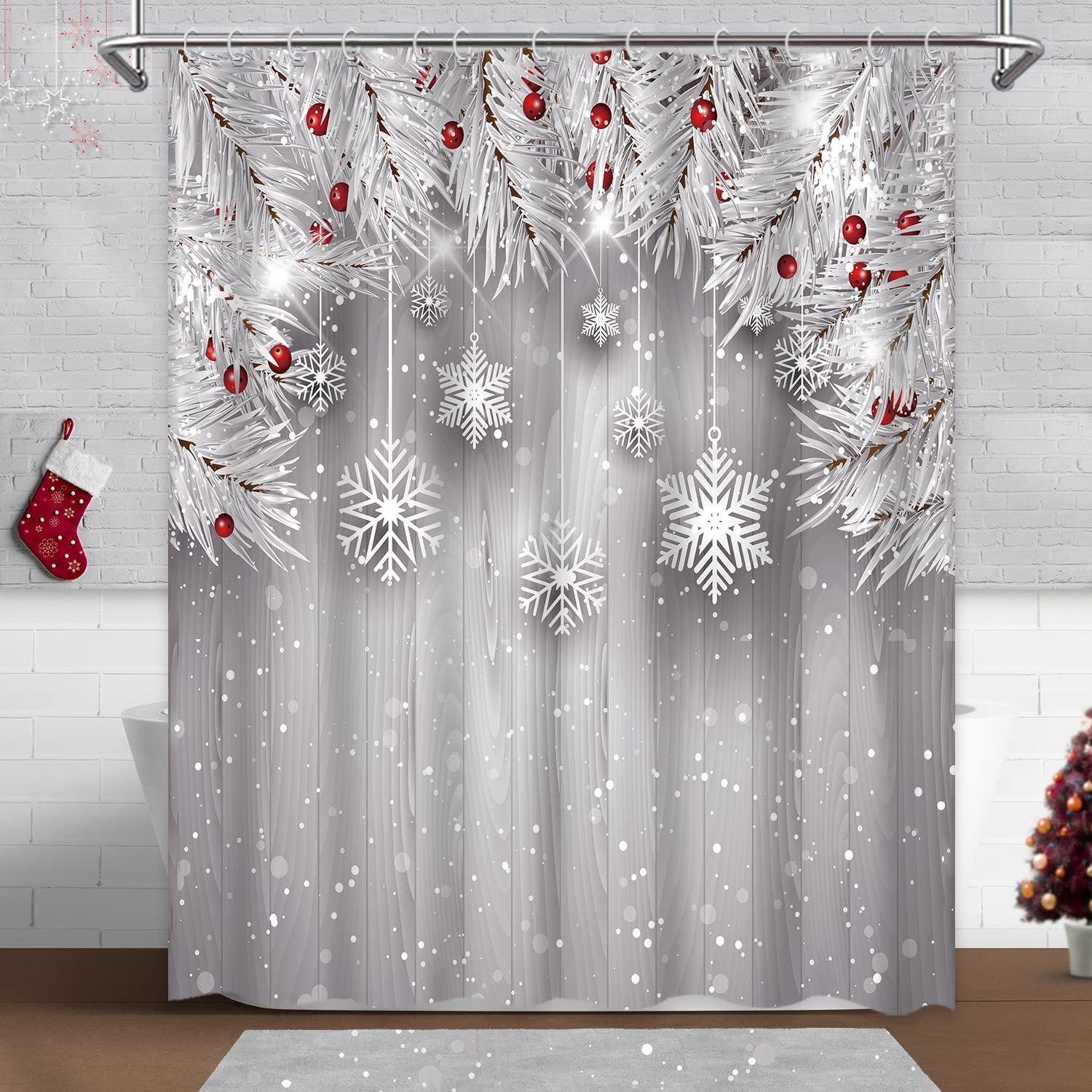 Red Bird, Floral, And Tree Print Fabric Shower Curtain For Festive Bathroom Decor - Image 2