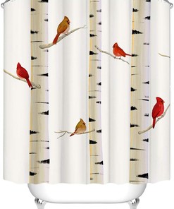 Red Birds on Birch Tree Fabric Shower Curtain with Cardinal Design for Bathroom Decor