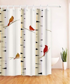Red Birds on Birch Tree Fabric Shower Curtain with Cardinal Design for Bathroom Decor