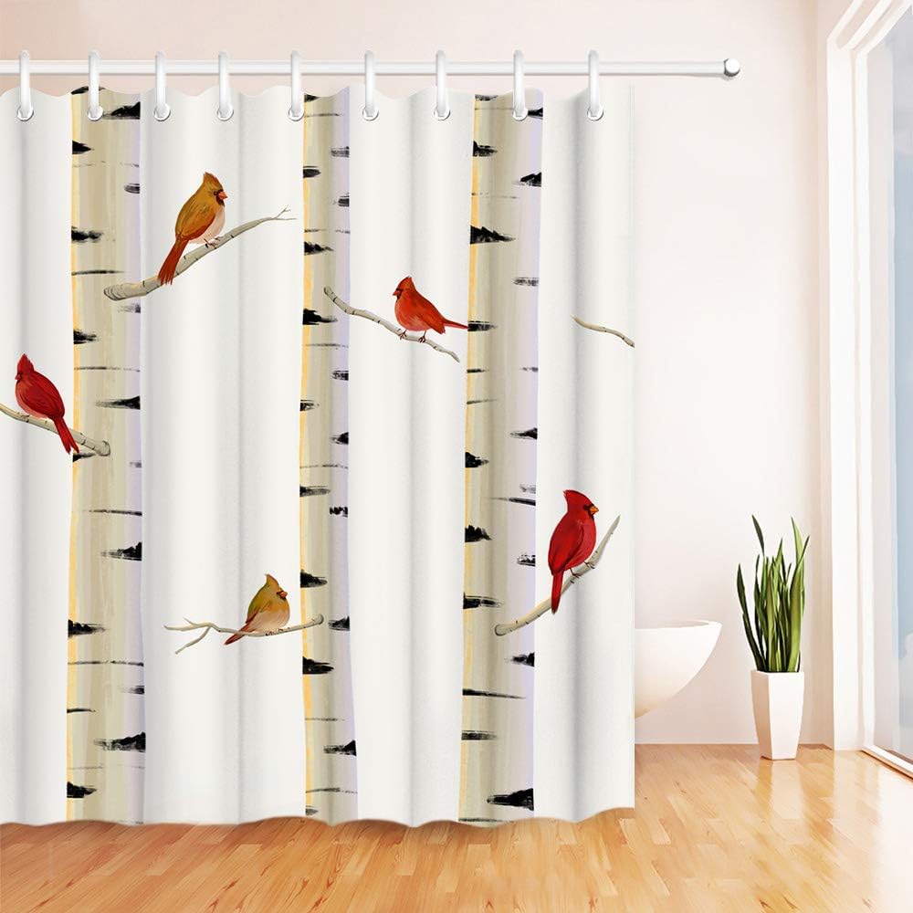 Red Birds on Birch Tree Fabric Shower Curtain with Cardinal Design for Bathroom Decor