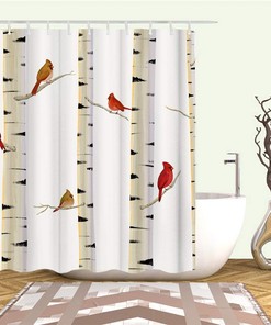 Red Birds on Birch Tree Fabric Shower Curtain with Cardinal Design for Bathroom Decor