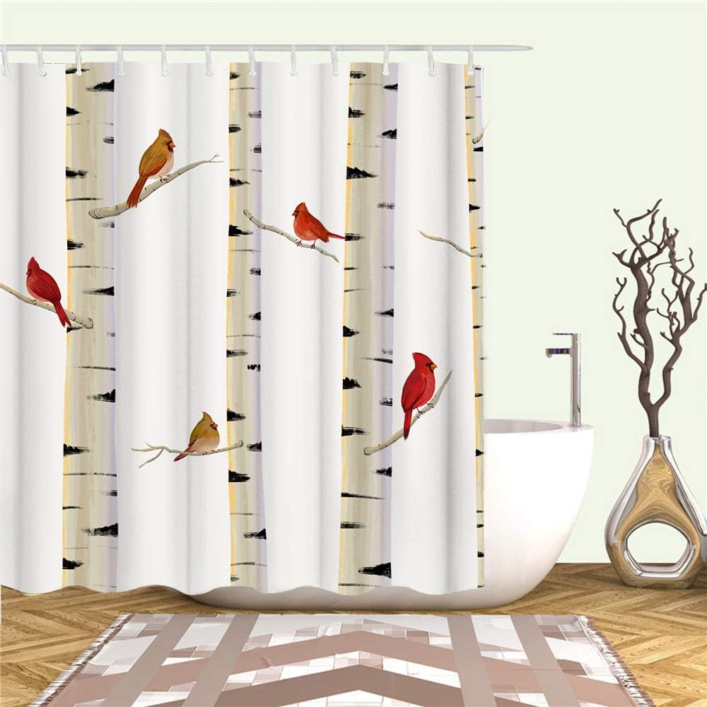 Red Birds on Birch Tree Fabric Shower Curtain with Cardinal Design for Bathroom Decor