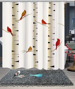 Red Birds on Birch Tree Fabric Shower Curtain with Cardinal Design for Bathroom Decor