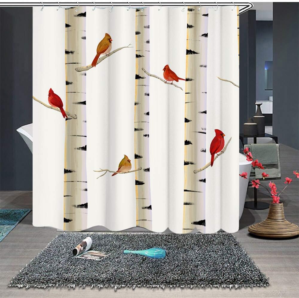 Red Birds on Birch Tree Fabric Shower Curtain with Cardinal Design for Bathroom Decor