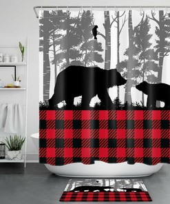 Red Black Check Plaid Wild Animals Bear Shower Curtain with Bathroom Accessories