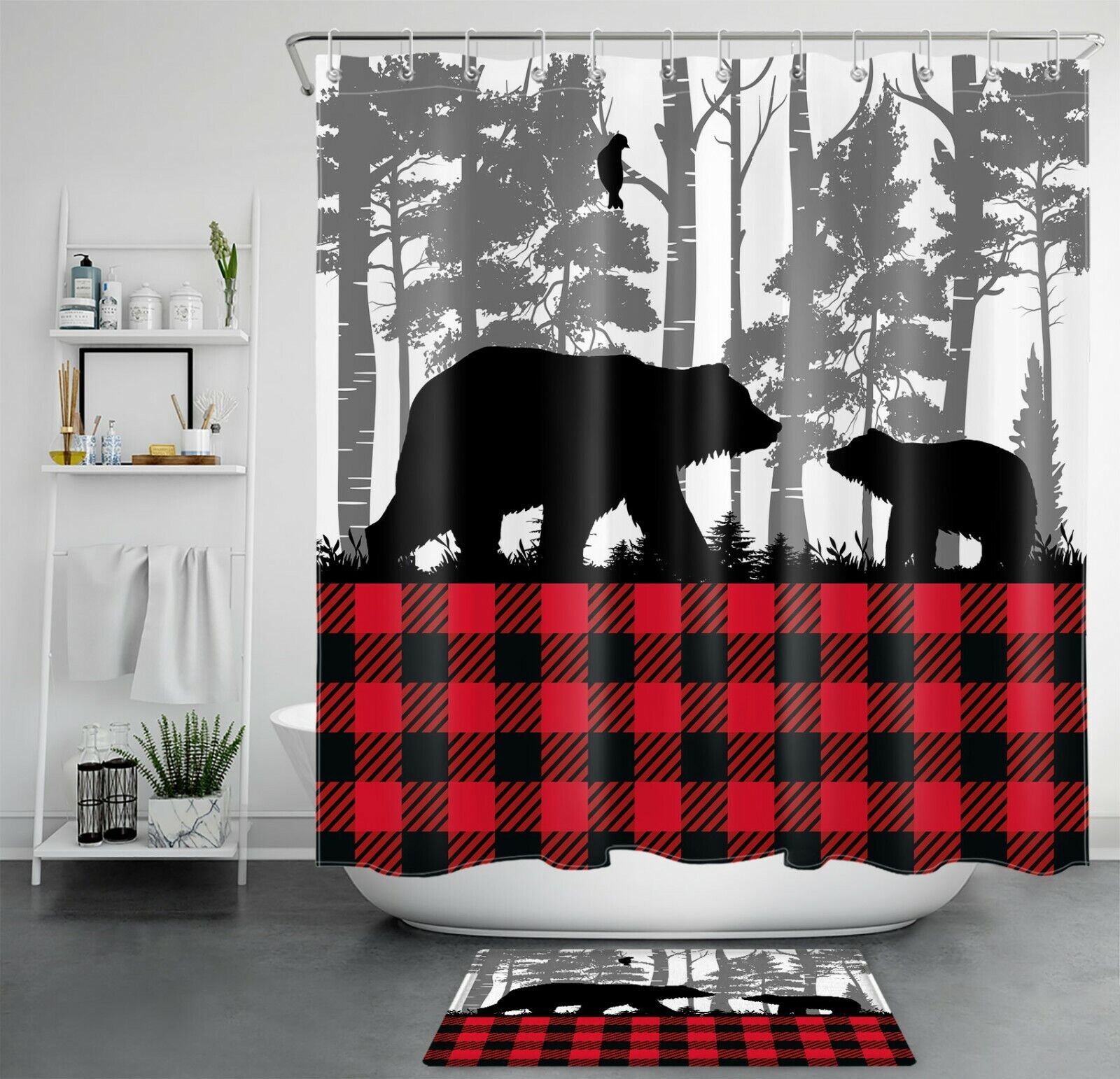 Red Black Check Plaid Wild Animals Bear Shower Curtain with Bathroom Accessories