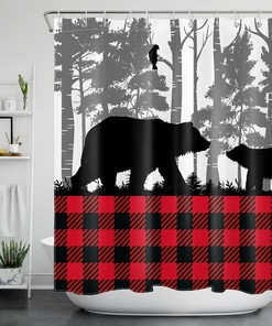 Red Black Check Plaid Wild Animals Bear Shower Curtain with Bathroom Accessories