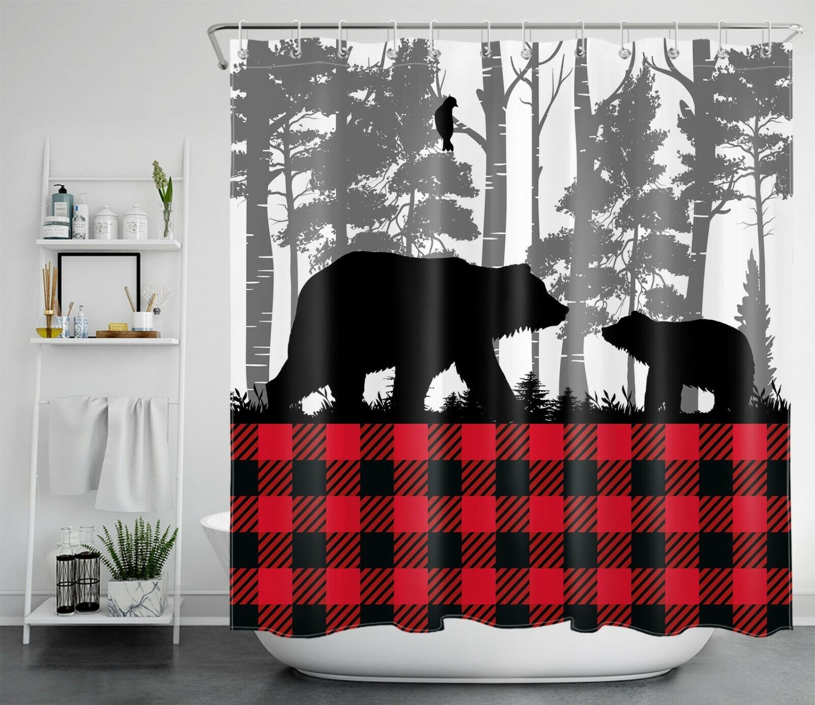 Red Black Check Plaid Wild Animals Bear Shower Curtain with Bathroom Accessories
