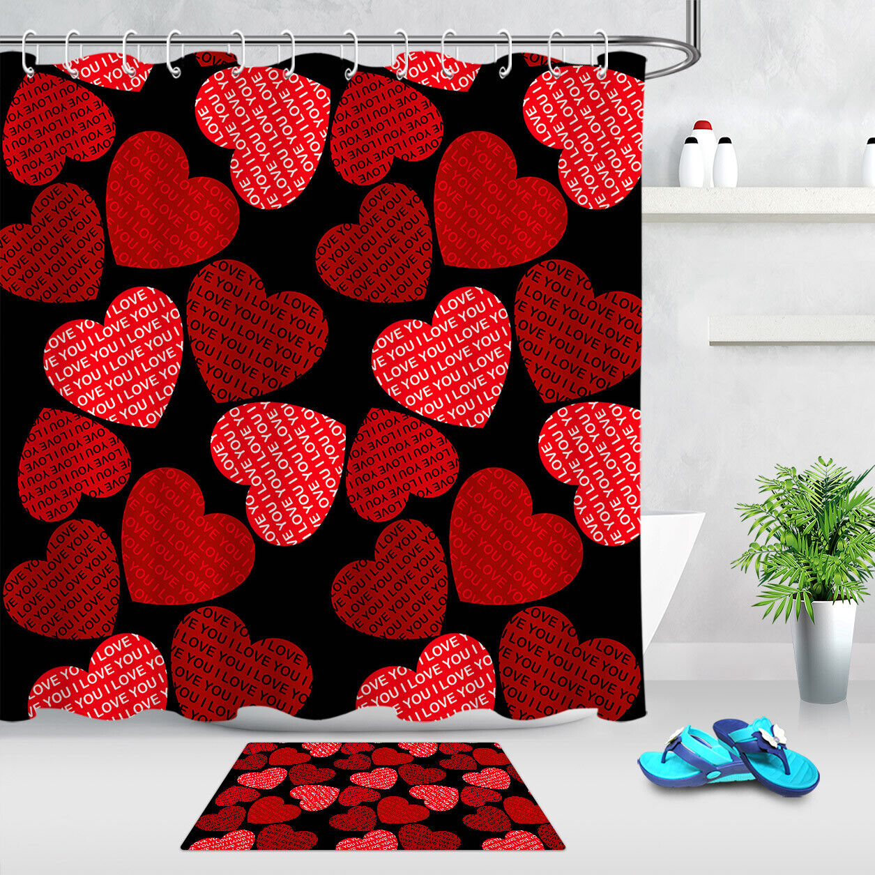 Red & Black Heart Patterns Shower Curtain | Valentine's Day Bathroom Decor
