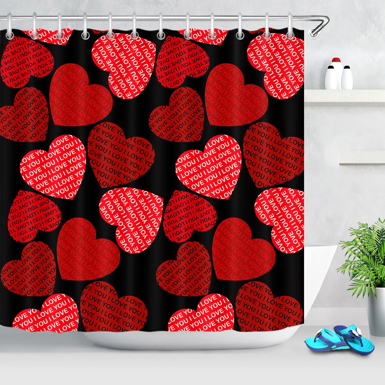 Red & Black Heart Patterns Shower Curtain | Valentine's Day Bathroom Decor