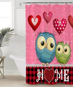 Red Black Plaid Owl Love Heart Balloon Valentine Home Shower Curtain 
