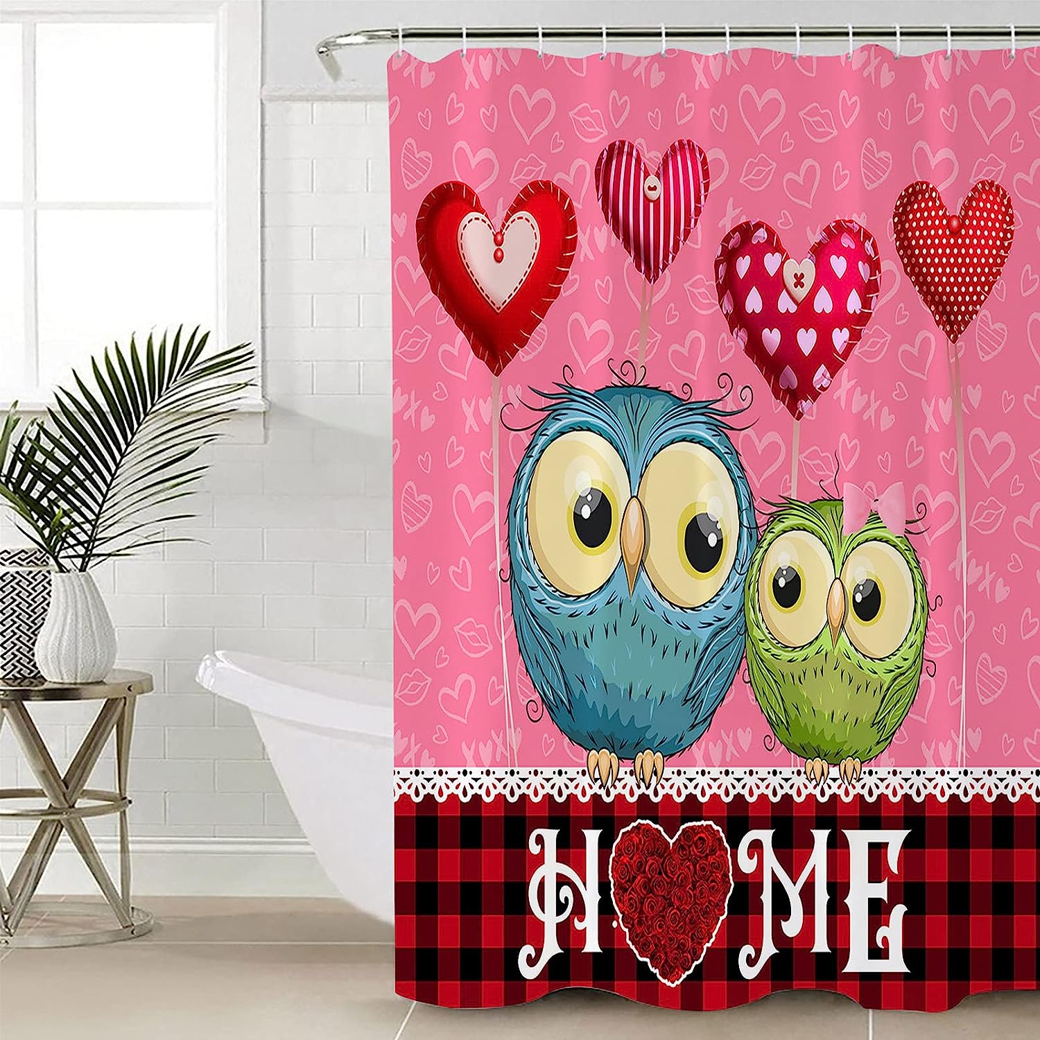 Red Black Plaid Owl Love Heart Balloon Valentine Home Shower Curtain