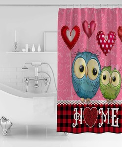Red Black Plaid Owl Love Heart Balloon Valentine Home Shower Curtain