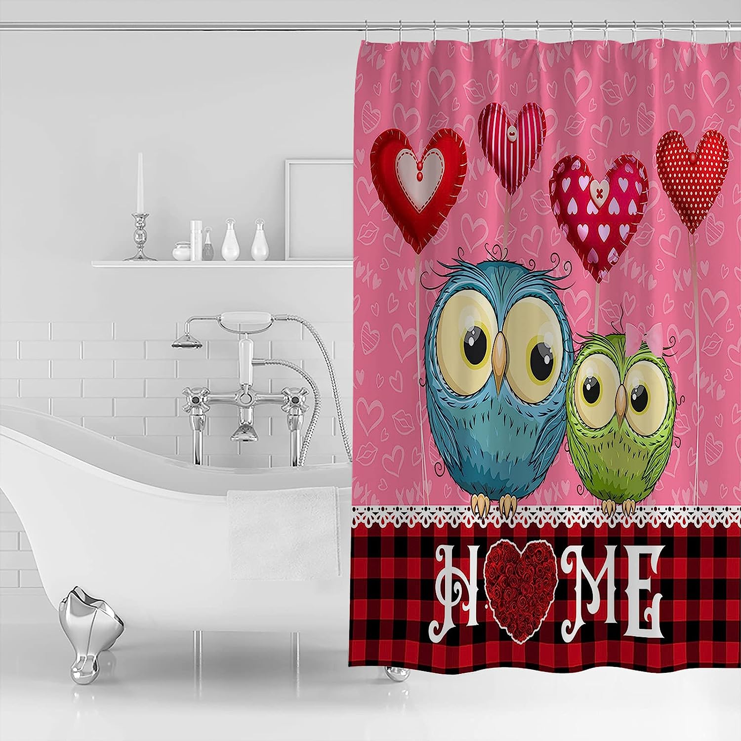 Red Black Plaid Owl Love Heart Balloon Valentine Home Shower Curtain