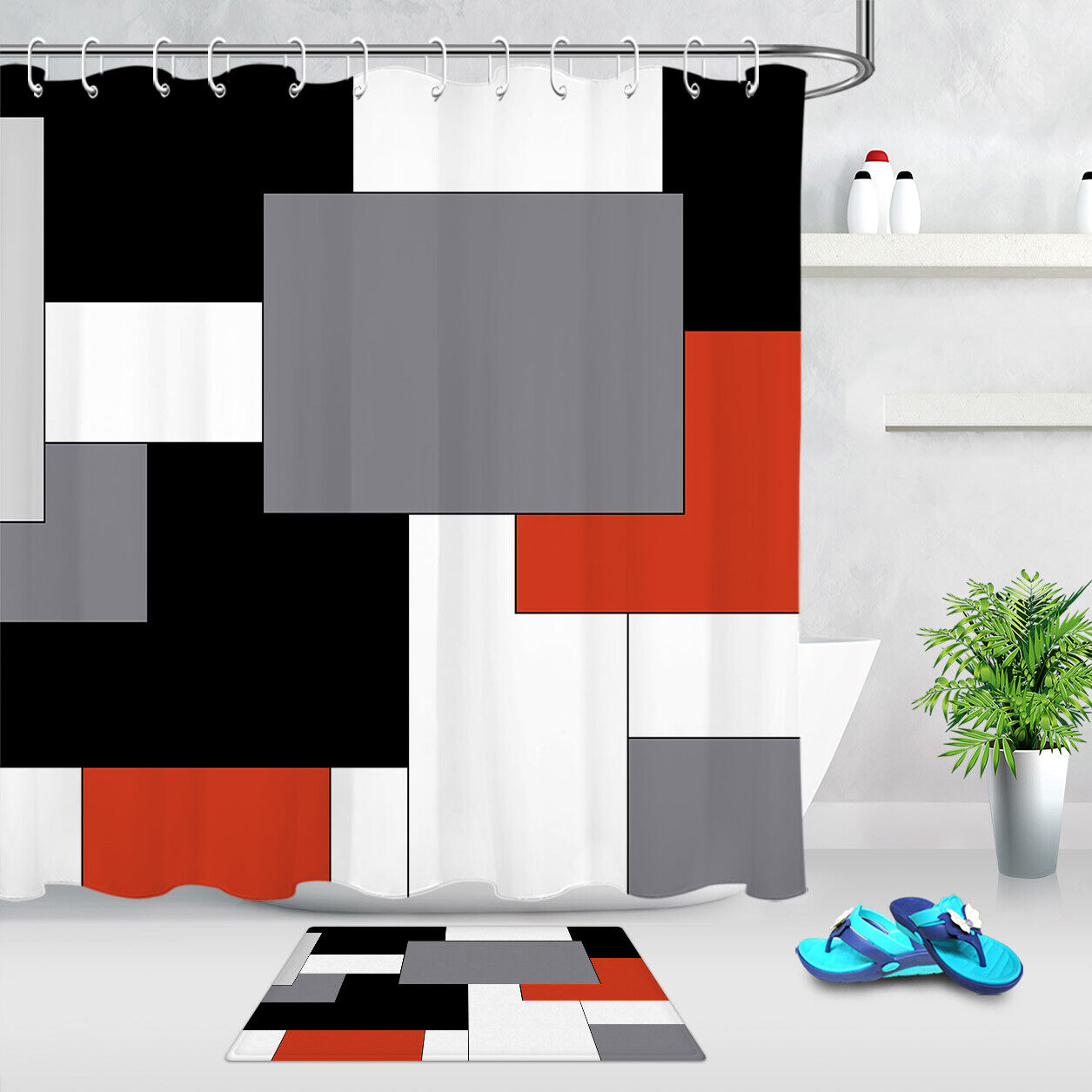 Red Black White Geometric Pattern Shower Curtain For Chic Bathroom Decor