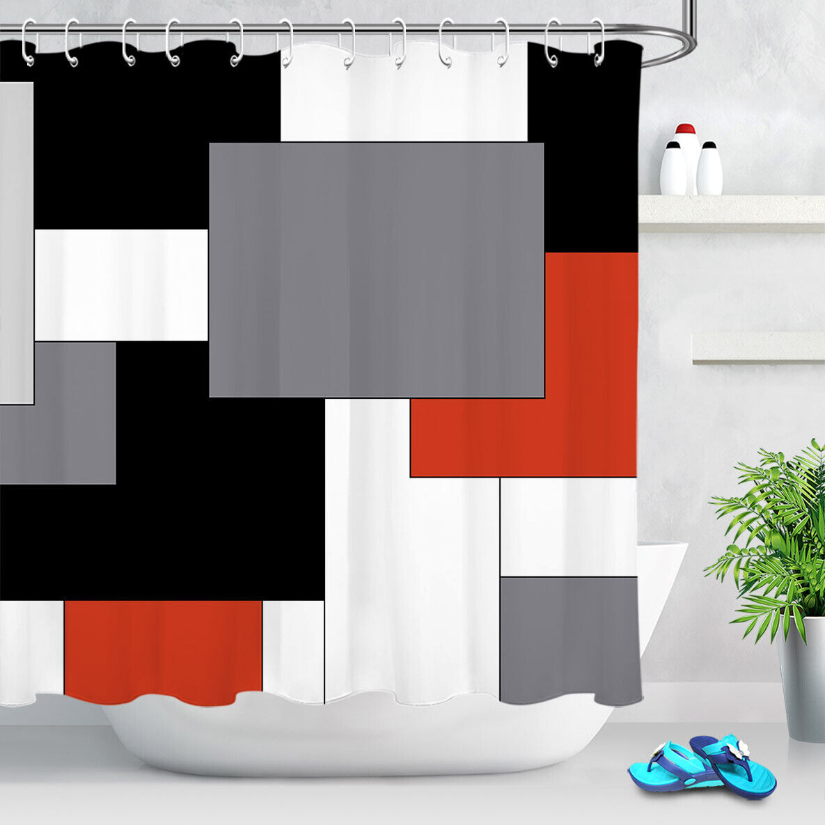 Red Black White Geometric Pattern Shower Curtain For Chic Bathroom Decor - Image 2