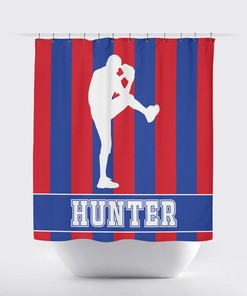 Red, Blue, And White Vertical Striped Custom Baseball Bathroom Shower Curtain