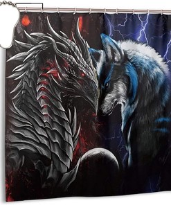 Red Blue Dragon And Wolf Shower Curtain, Beautiful Bathroom Decor