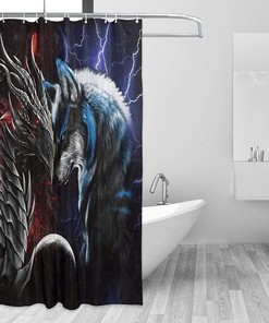 Red Blue Dragon And Wolf Shower Curtain, Beautiful Bathroom Decor