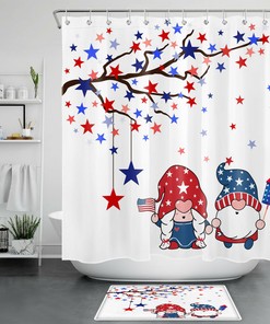 Red Blue Star Funny Gnome Shower Curtain for Independence Day Bathroom Decor