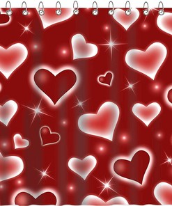 Red Bokeh Heart Print Shower Curtain with Falling Hearts and Stars Design for Valentine's Day