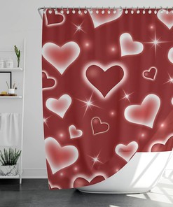 Red Bokeh Heart Print Shower Curtain with Falling Hearts and Stars Design for Valentine's Day