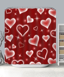 Red Bokeh Heart Print Shower Curtain with Falling Hearts and Stars Design for Valentine's Day