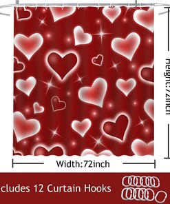 Red Bokeh Heart Print Shower Curtain with Falling Hearts and Stars Design for Valentine's Day