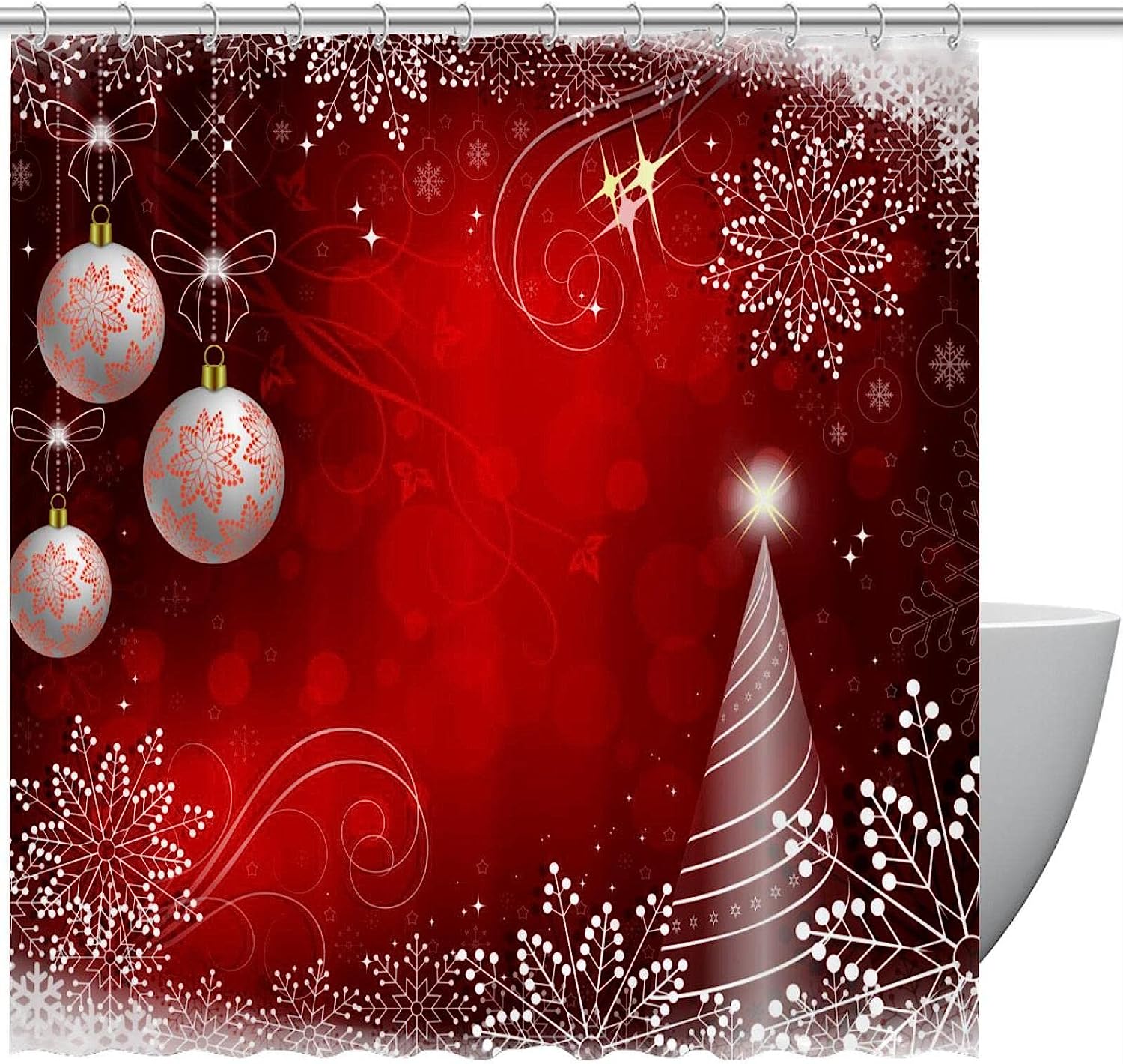 Red Bright Christmas Snowflakes Fabric Shower Curtain for Bathroom Decor